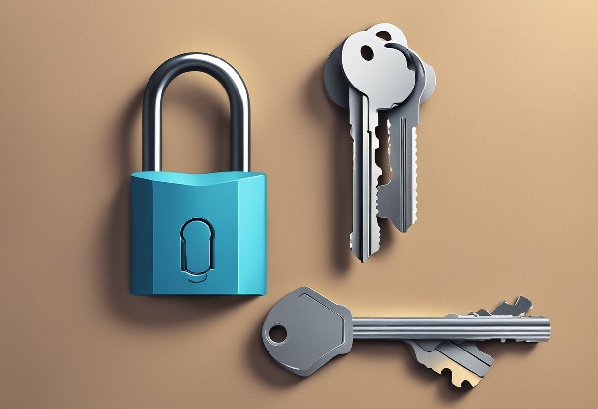 A broken key stuck in a lock, with a locksmith's tools nearby