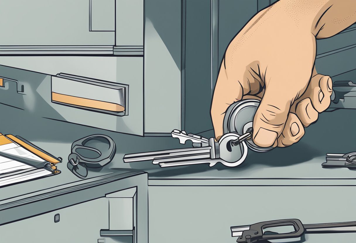 A locksmith's hand removing a broken key from a lock in Milton, FL. Legal documents and tools are visible in the background