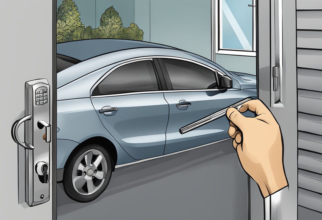 A locksmith rekeys a car door lock in a garage in Milton, FL