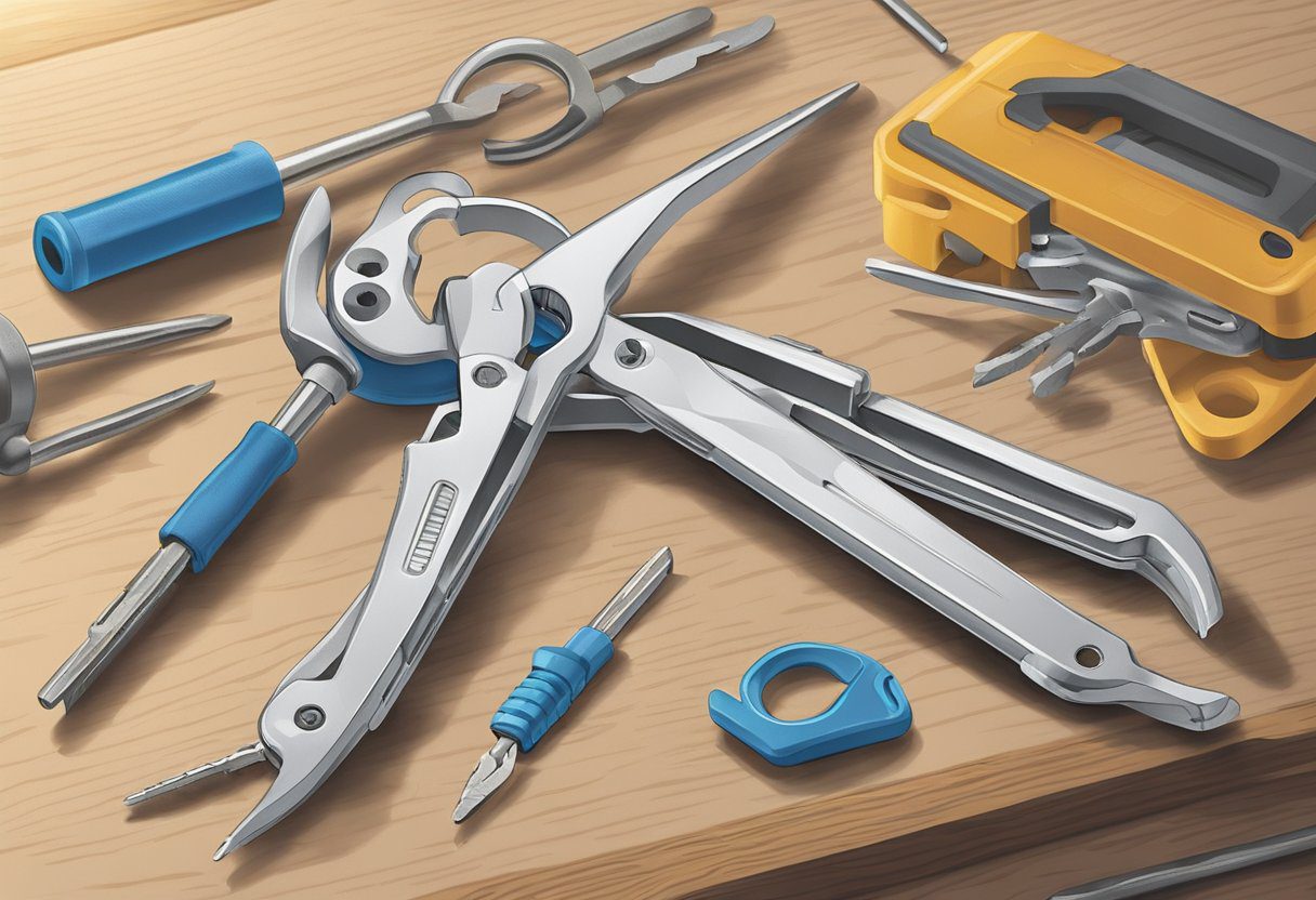 A pair of needle-nose pliers gripping a broken key in a lock. A tension wrench and extractor tool sit nearby on a workbench