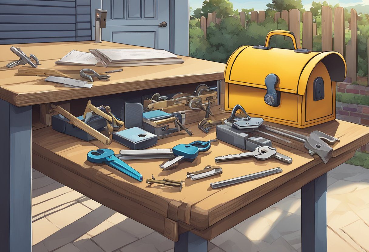 A table with various locksmith tools and a mailbox with a broken lock in a suburban neighborhood