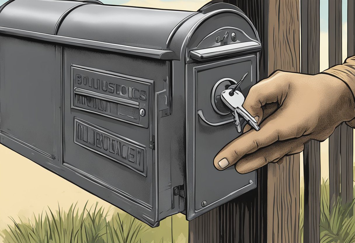 A hand reaches for a rusty mailbox lock in Milton, FL. The lock is old and worn, indicating the need for replacement