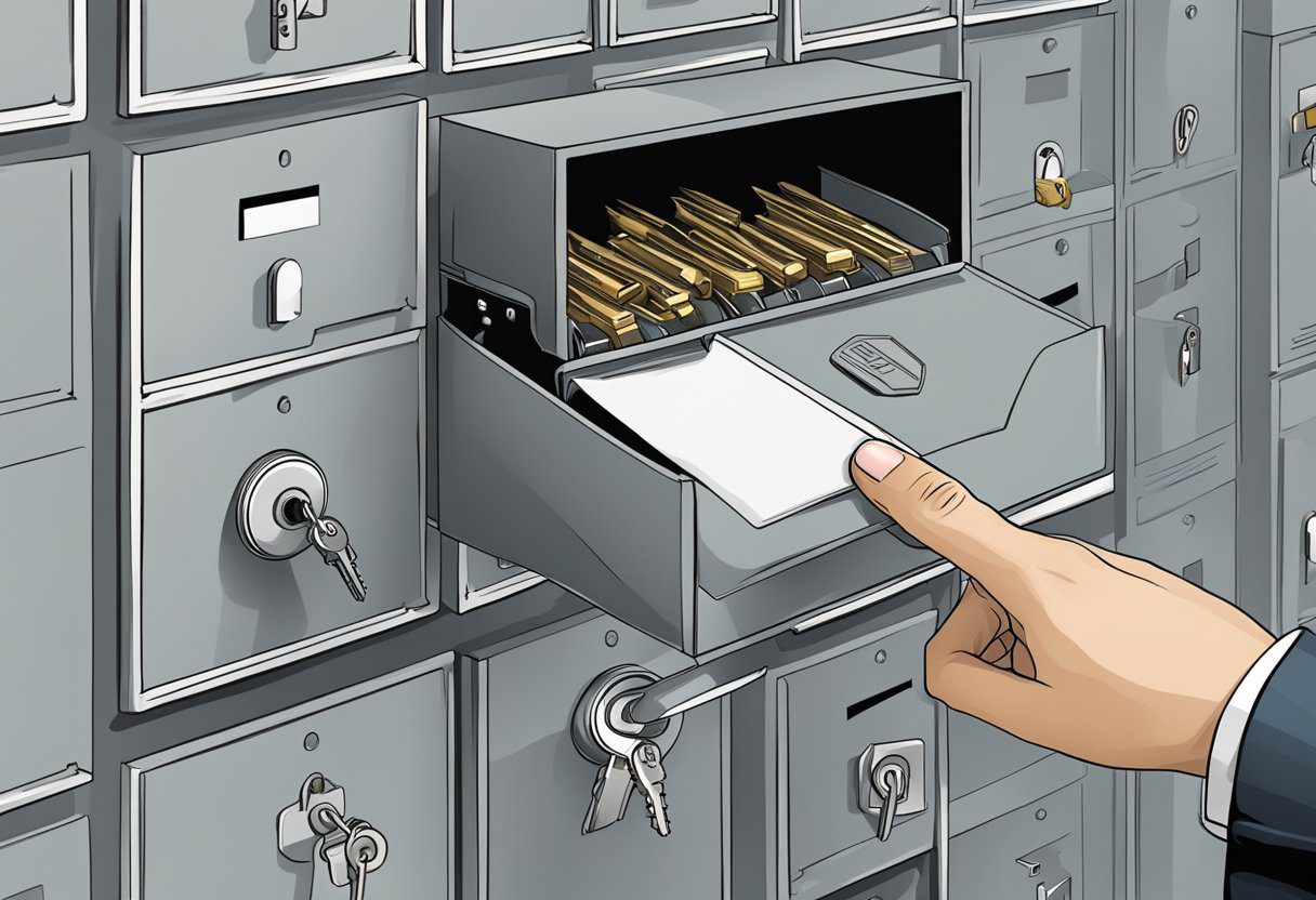 A hand reaches for a mailbox with a broken lock. A variety of replacement locks are displayed nearby, with different styles and sizes to choose from