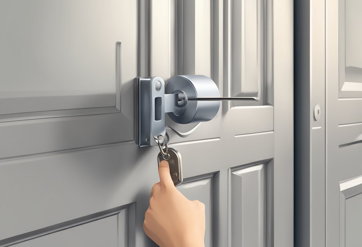 A hand reaches for the garage door lock mechanism, turning the key to secure the door. The mechanism clicks into place, ensuring the safety of the garage