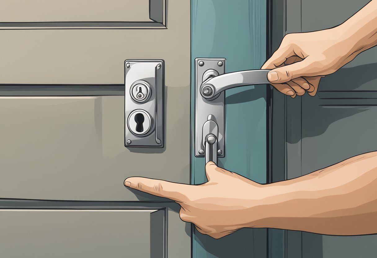 A hand reaching for a sturdy, modern lock on a garage door, with various lock options displayed nearby