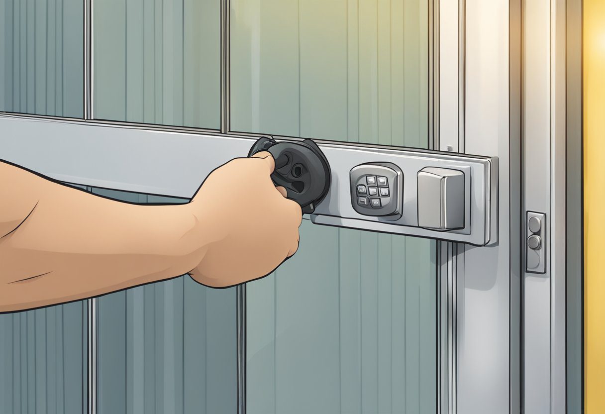 A hand reaches for a modern garage door lock in Milton, FL. Upgrades are being made to improve security