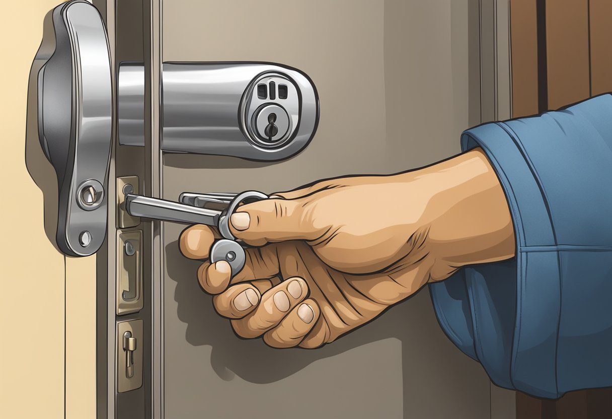 A locksmith's hand turning a key in a garage door lock in Milton, FL