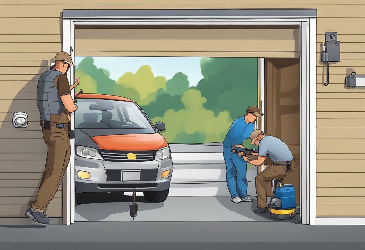 A homeowner struggles to install a garage door lock, while a professional locksmith effortlessly completes the task