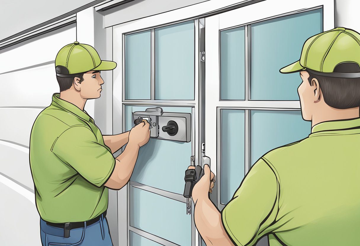 A technician installs a secure garage door lock in Milton, FL, following safety protocols