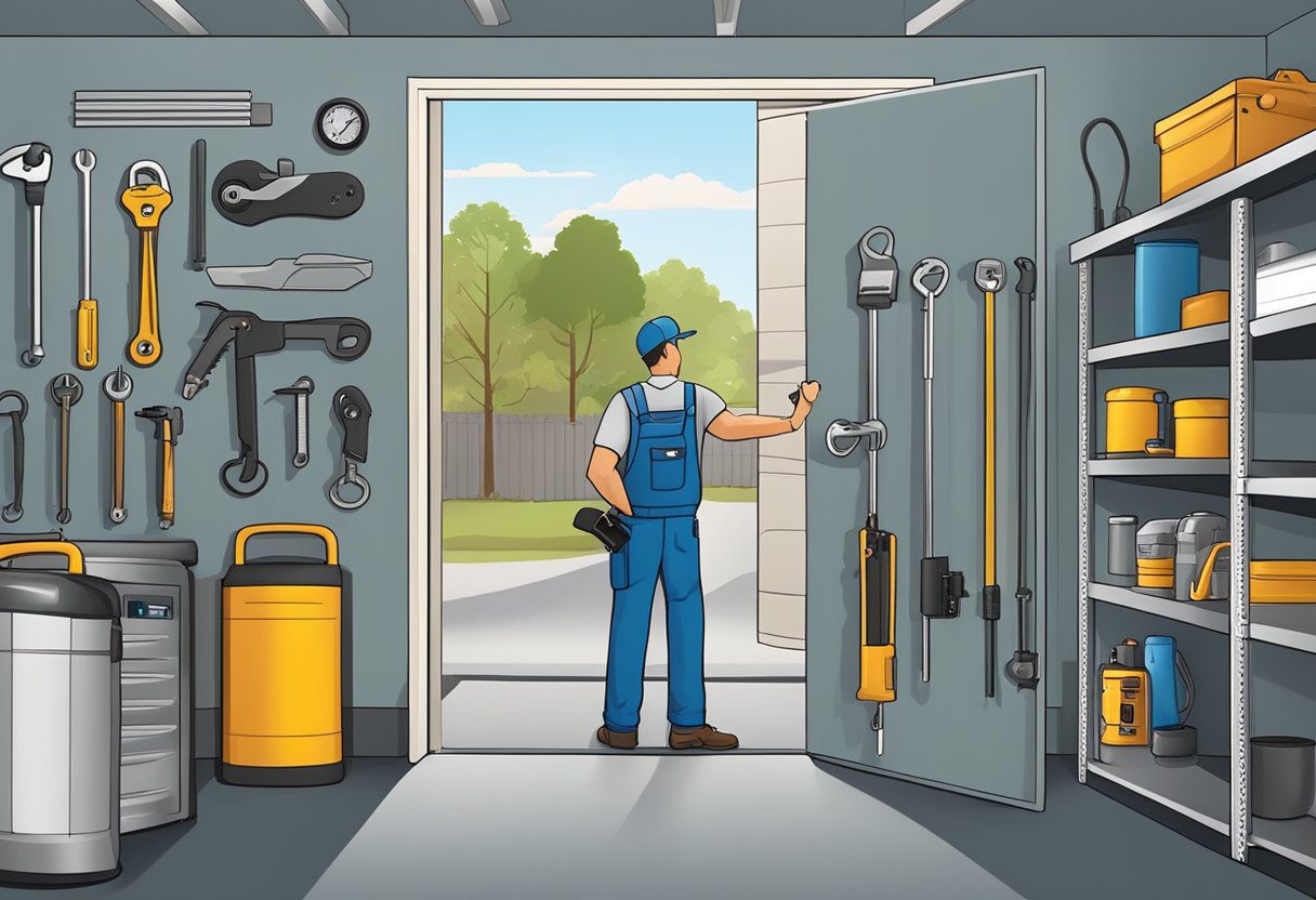 A locksmith swiftly unlocks a garage door in Milton, FL. Tools and equipment are neatly organized nearby