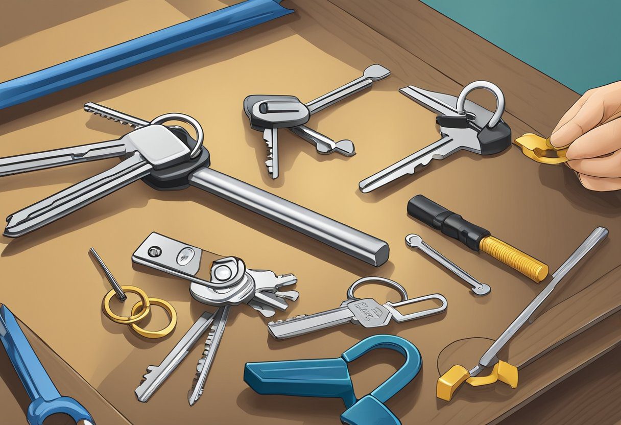 A locksmith rekeying a door lock in Milton, FL. Tools and a keyring are spread out on a workbench