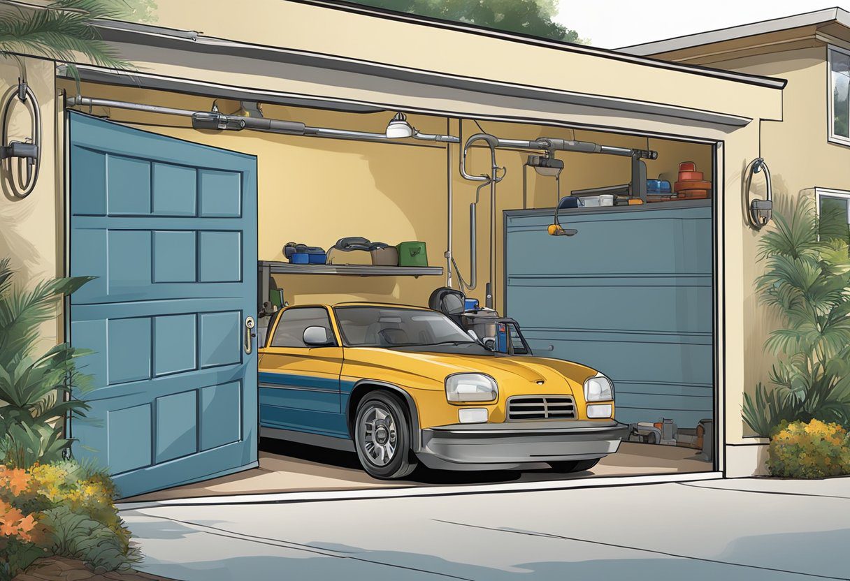 A garage door with a lock being serviced in Milton, FL. Tools and equipment are visible, with a technician working on the lock