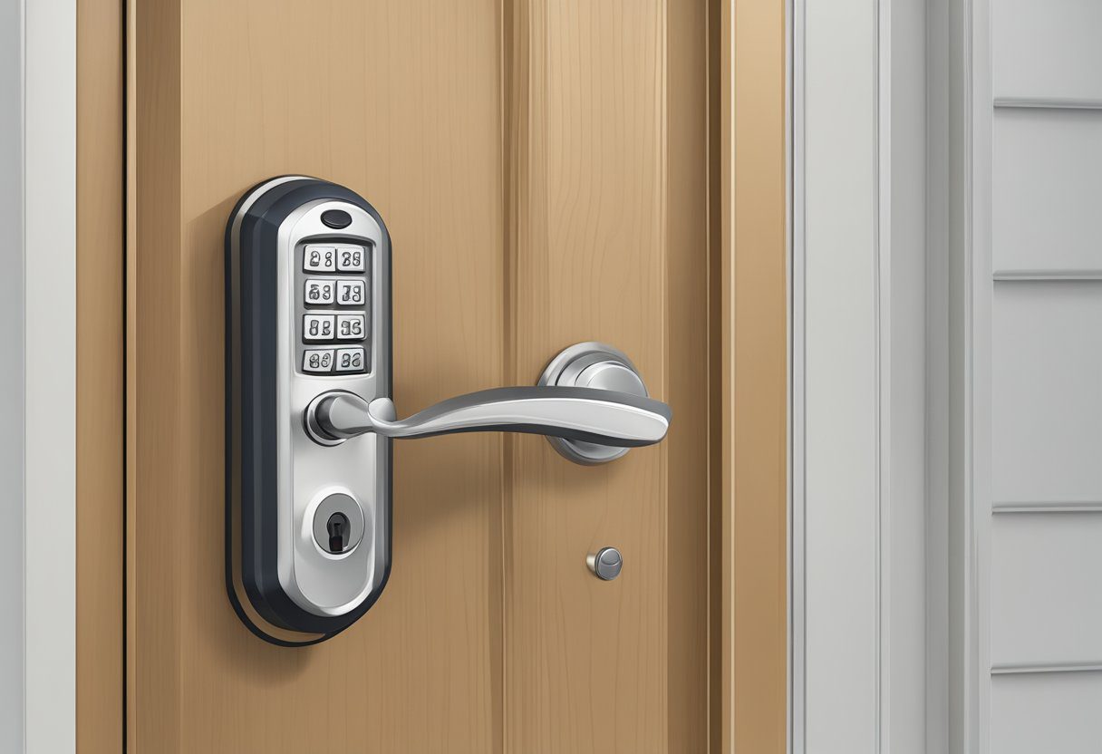 A traditional lock and a keyless entry system side by side, with a residential door in the background. The traditional lock has a key inserted, while the keyless entry system has a keypad or digital display