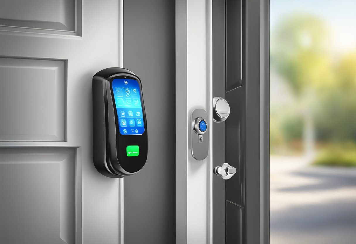 A keyless entry system in Milton FL, with a digital keypad on a door, a key fob, and a smartphone app for access