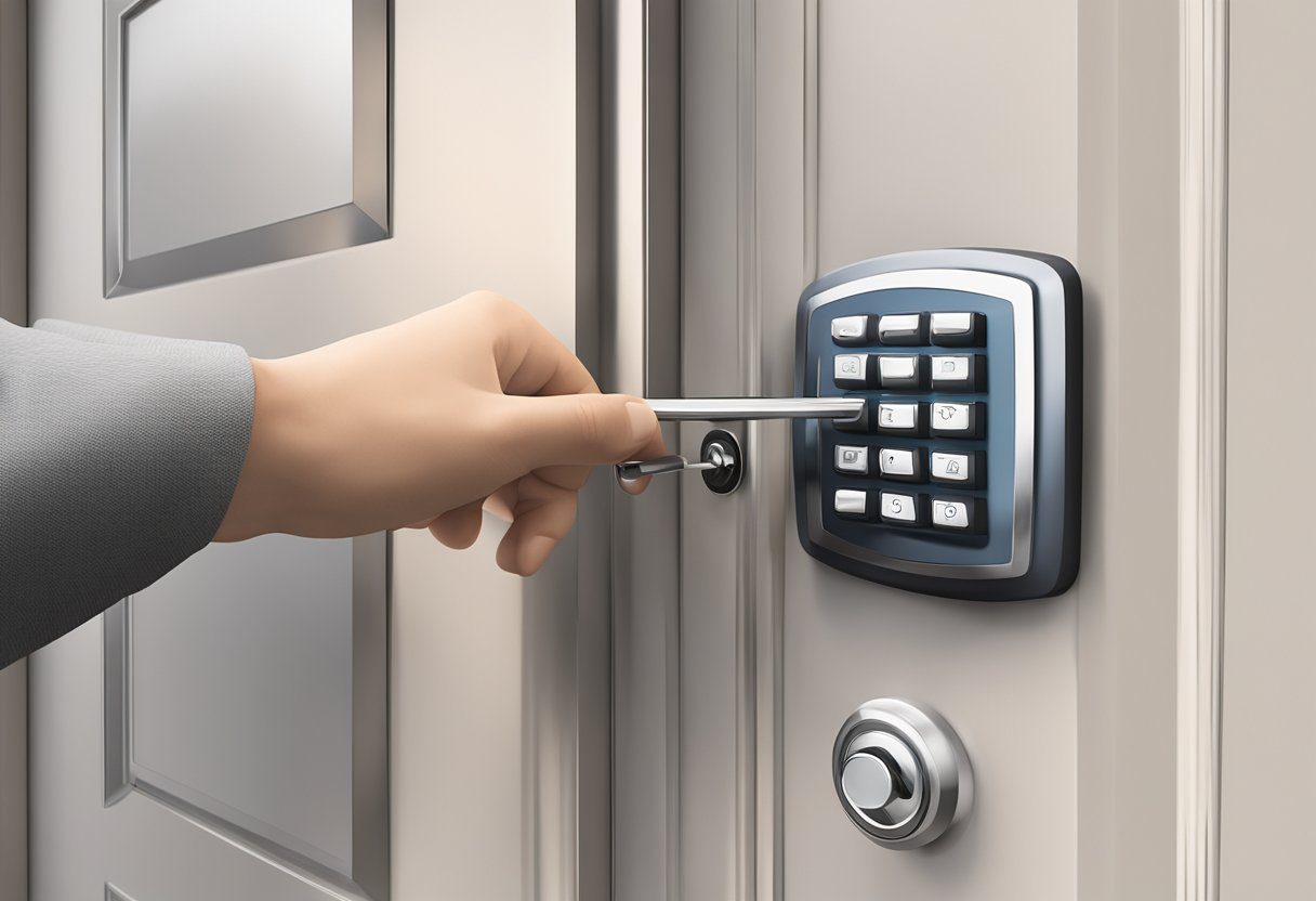 A hand reaches out to a keyless entry pad on a modern door in Milton, FL. The keypad is illuminated, and the surrounding area is well-lit