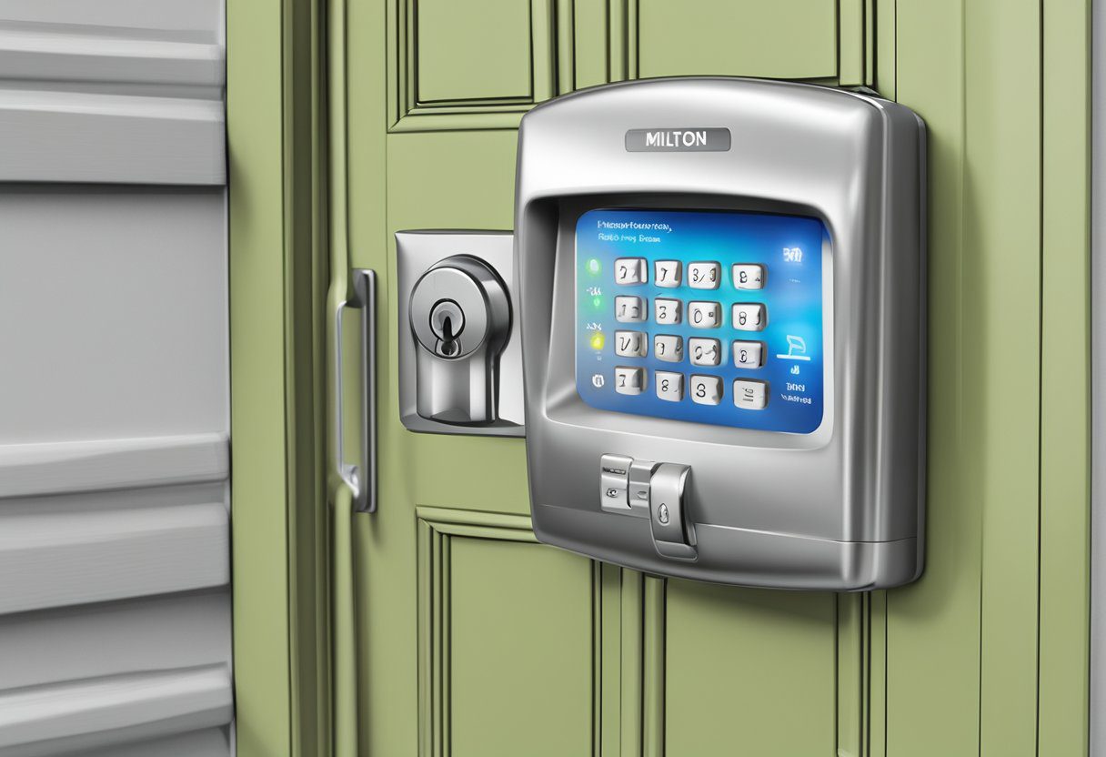 A keyless entry pad on a modern door in Milton, FL. The pad is illuminated, and a privacy policy notice is posted nearby