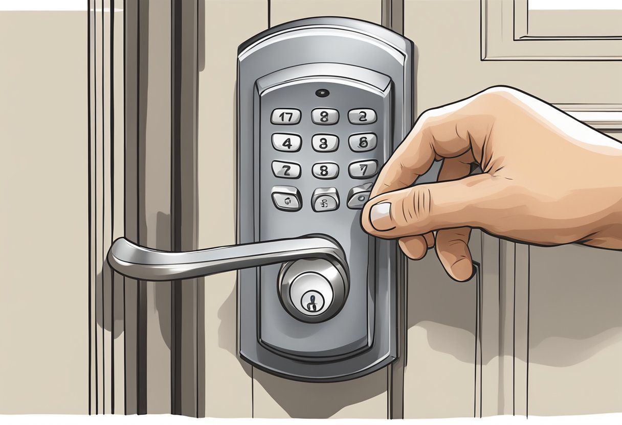 A keyless entry system in Milton, FL. A hand reaching for the door handle, but instead of a key, a digital keypad or key fob is used to unlock the door