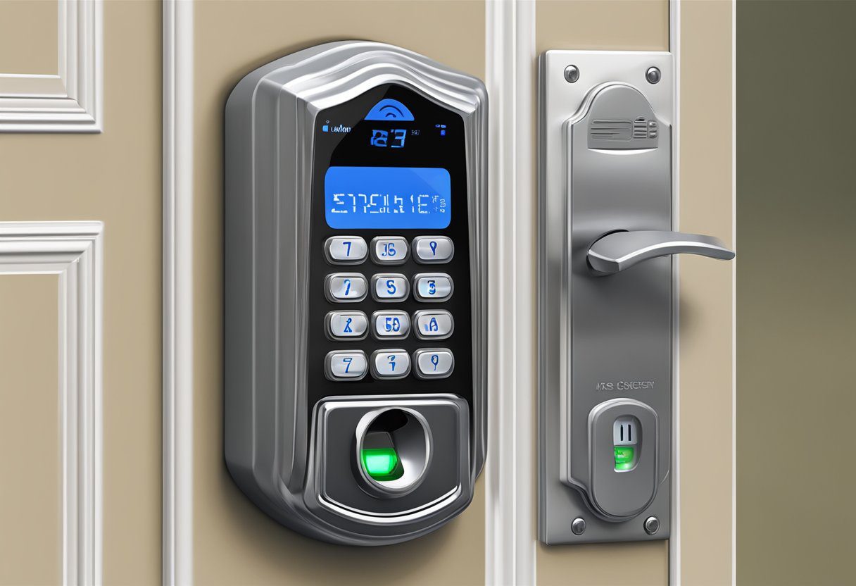 A keyless entry pad on a door in Milton, FL, with a digital display and a keypad for entering a code. A small camera is mounted above the keypad for security