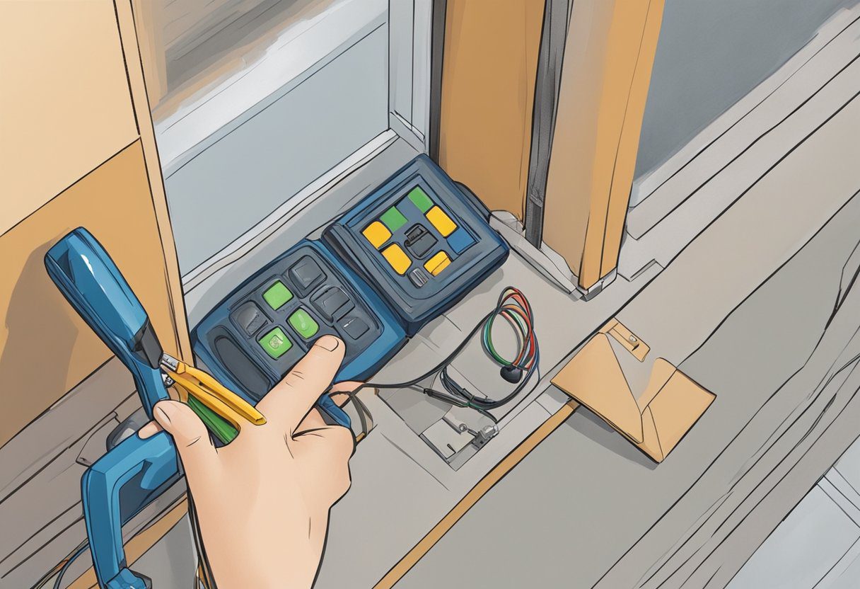 A technician installs a keyless entry system on a door in Milton, FL. Tools and equipment are laid out, wires are connected, and the system is tested for functionality