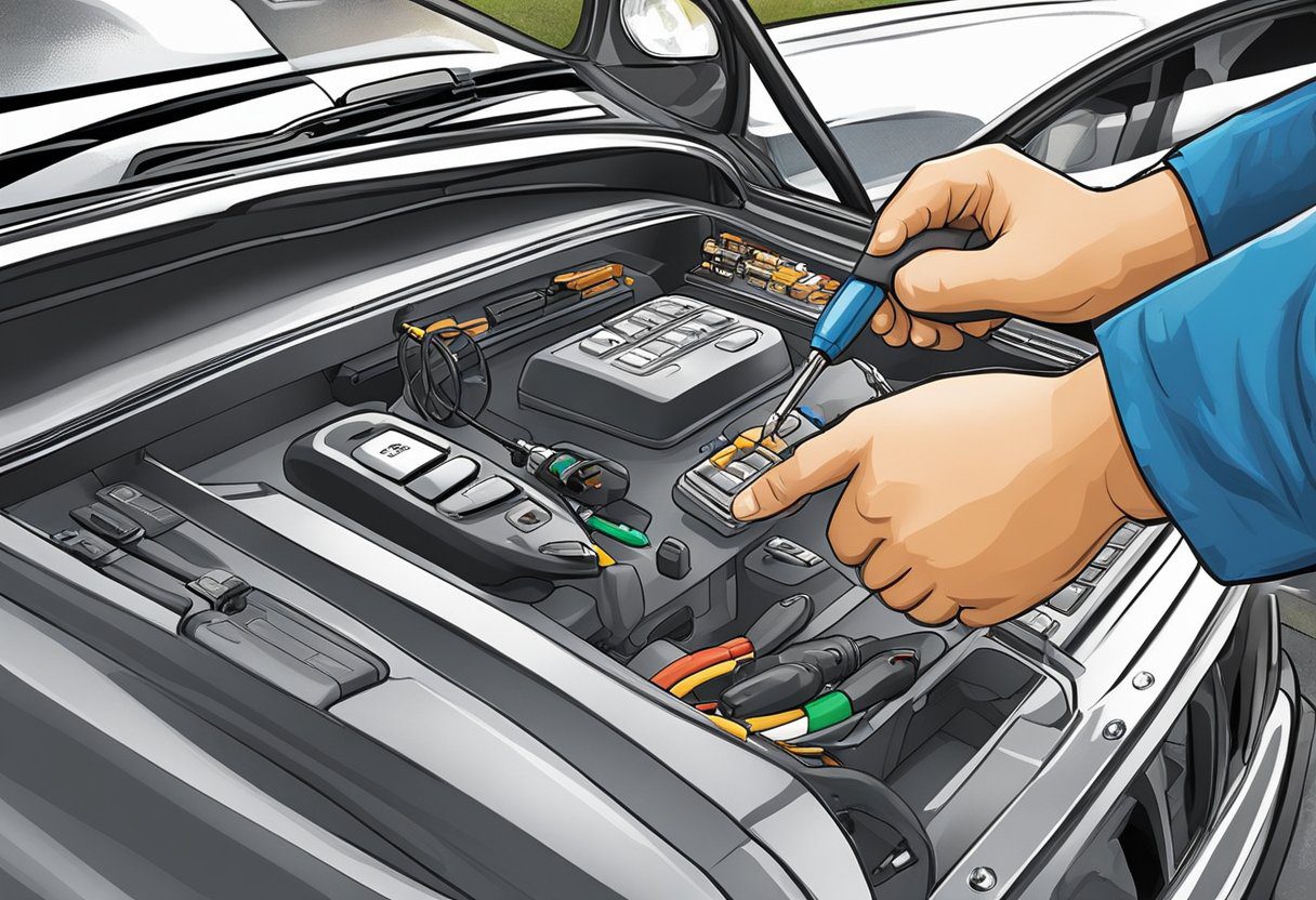 A technician installs keyless entry system in a car in Milton, FL. Tools and wiring are visible, as well as the vehicle's interior