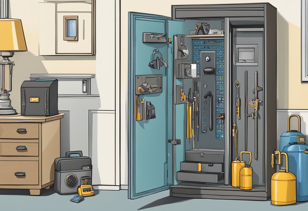 A locksmith installs a residential safe in Milton, FL. Tools and equipment are scattered around the open safe door