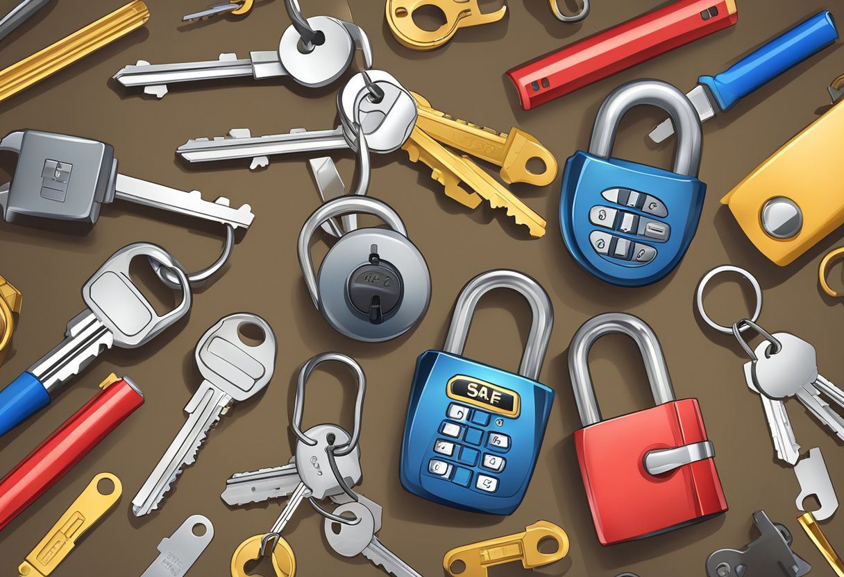 A variety of safe locks are displayed on a workbench, including combination, key, and electronic keypad locks. The locksmith's tools are scattered around the table