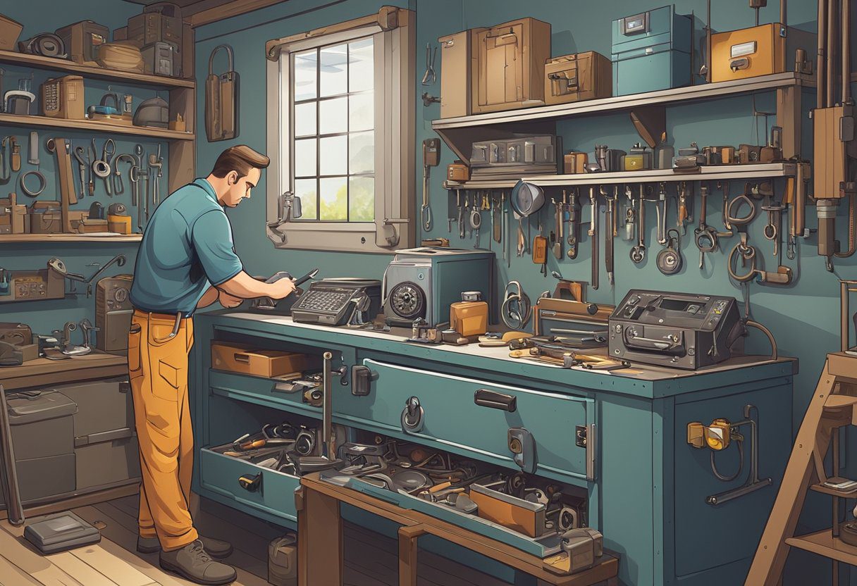 A locksmith carefully selects a safe, surrounded by various options and tools, in a well-lit workshop