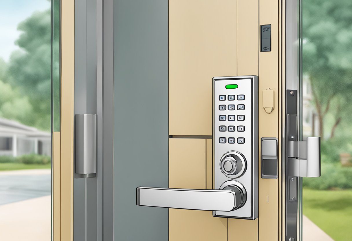 A handless figure installs a smart lock on a modern door in Milton, FL