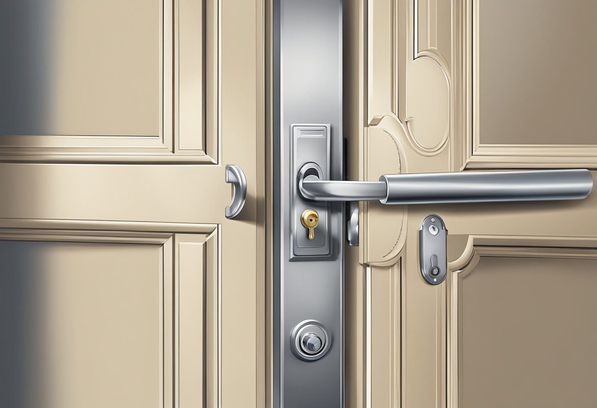 A locksmith aligns the door and lock, ensuring proper fit and function. Tools and hardware are neatly organized nearby