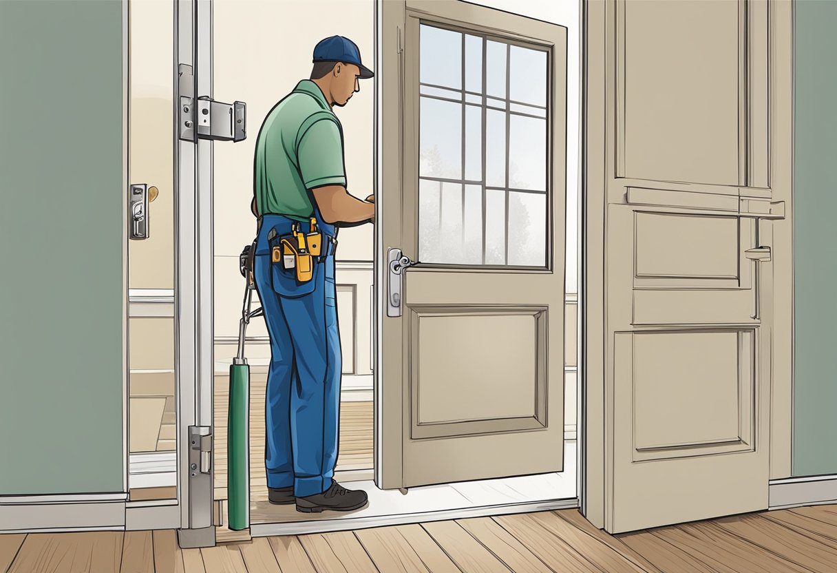 A locksmith carefully measures and prepares door for lock installation in a residential home in Milton, FL