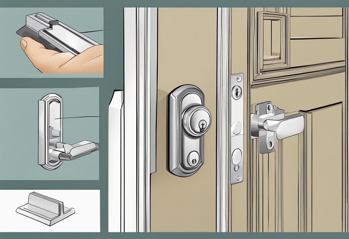 A door with a deadbolt lock being installed in Milton FL, showing the step-by-step process of drilling, screwing, and securing the lock into place