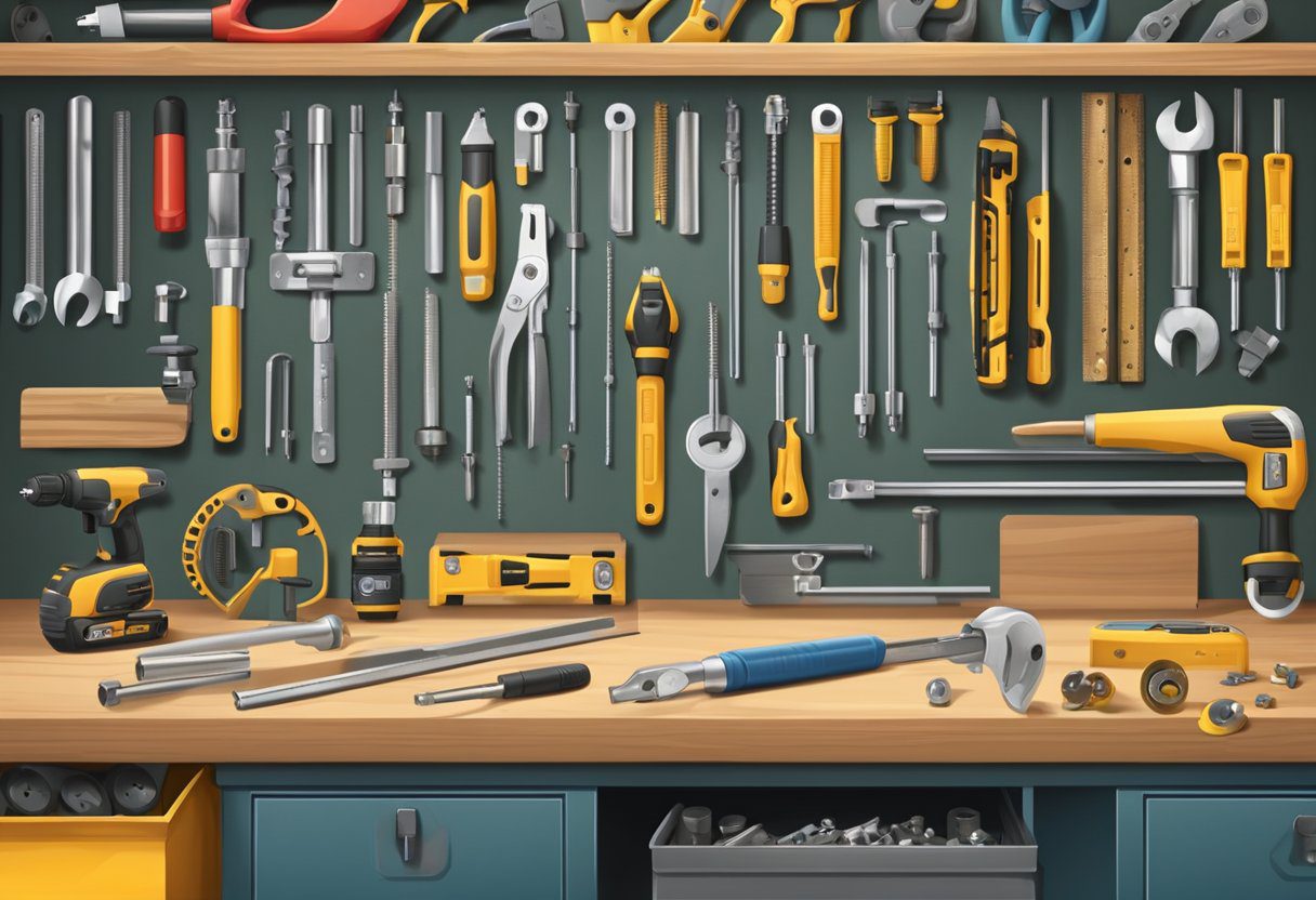 A workbench with various tools and materials for lock installation, including screws, screwdrivers, drills, and a new lock