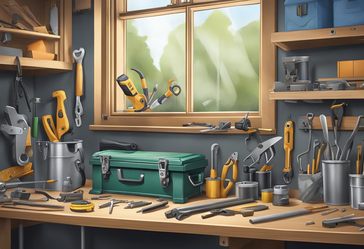 A cluttered workbench with scattered tools and a neatly installed lock on a door in a residential setting