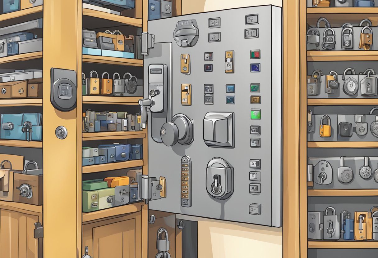 Various locks displayed on shelves, including deadbolts, padlocks, and electronic keypads. A locksmith is installing a new lock on a door