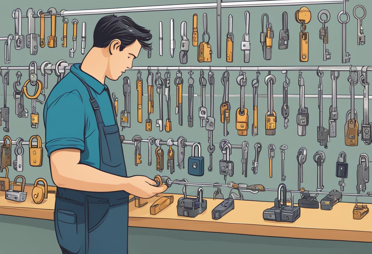 A person carefully choosing a lock from a variety of options at a hardware store