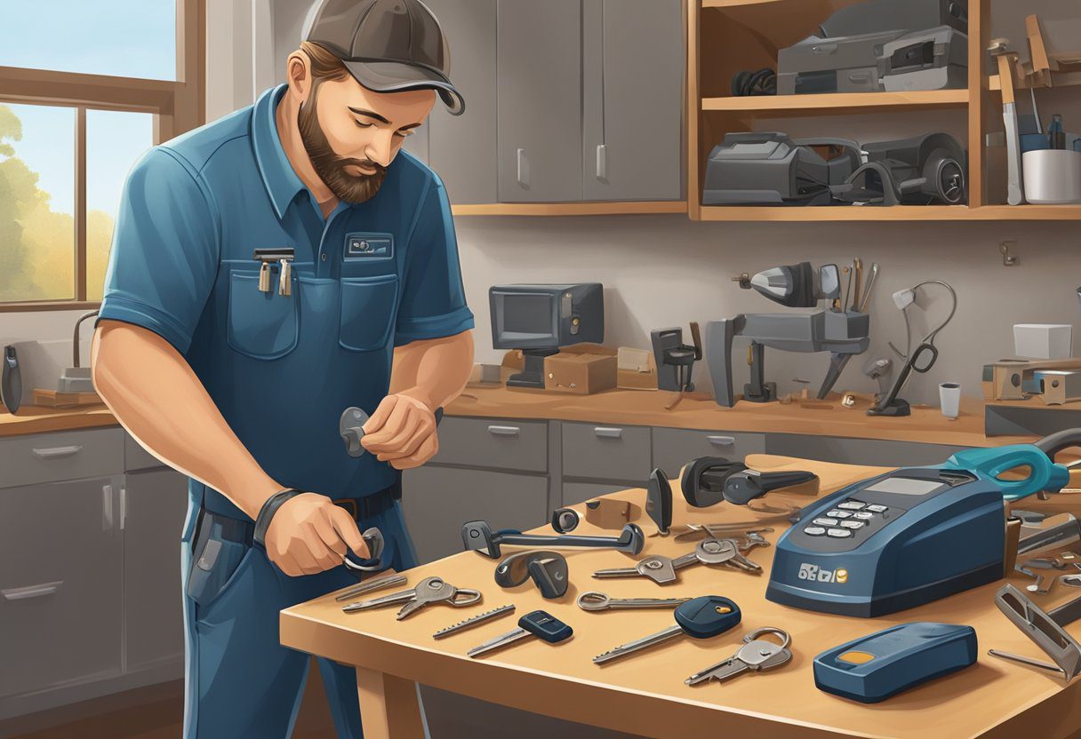 A locksmith rekeying a door lock in Milton, FL. Tools and key pins are scattered on a workbench. A customer service representative answers phone calls in the background