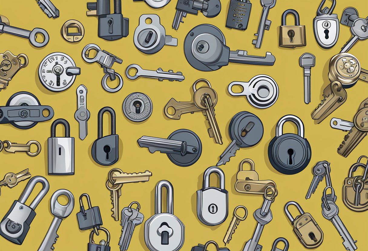 Various locks such as deadbolts, knob locks, and padlocks are displayed on a table, ready for rekeying in Milton, FL