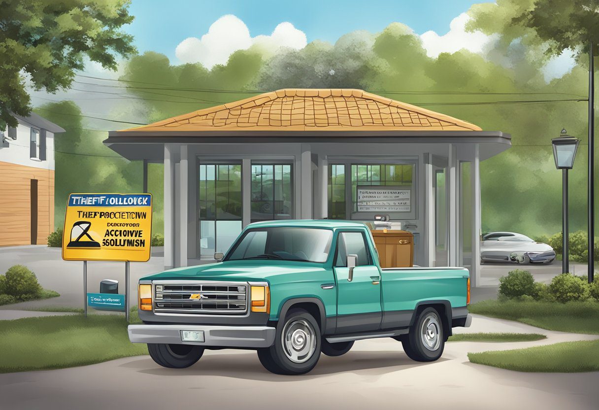 A car with a visible car alarm and steering wheel lock parked in a well-lit area with a sign for "Theft Protection and Recovery Solutions Automotive Locksmith" in Milton, FL