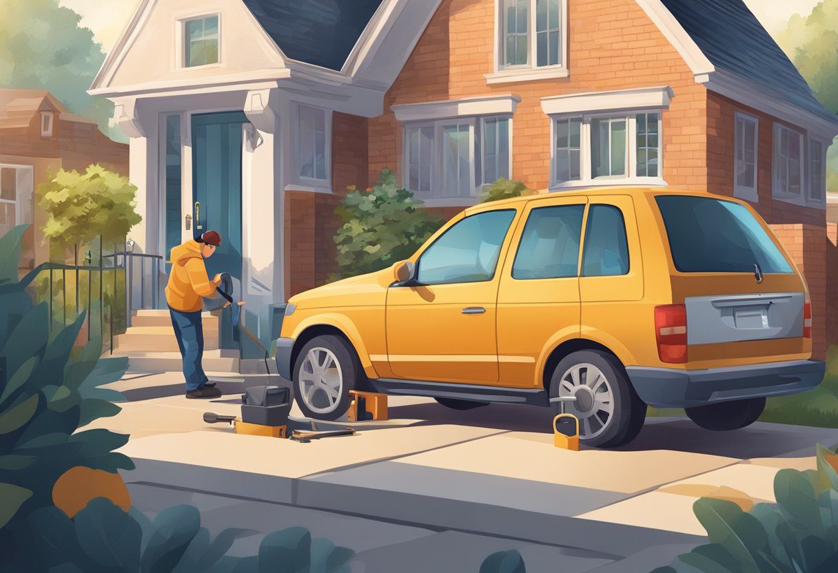 A locksmith unlocking a car door with specialized tools in a residential neighborhood