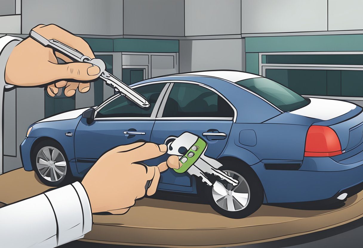 A locksmith cutting a new car key while a dealership displays key replacement services in Milton, FL