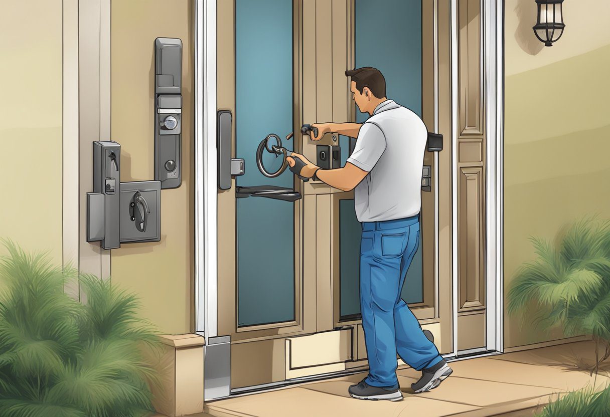 A locksmith uses specialized tools to unlock a residential door in Milton, FL