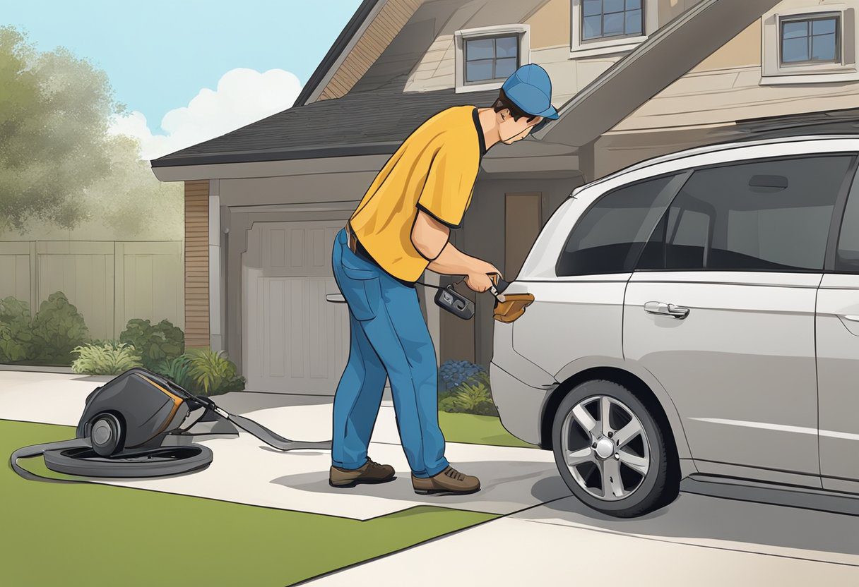 A locksmith replacing a car key outside a vehicle in a residential driveway in Milton, FL