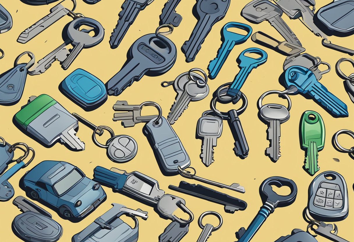 Various car keys scattered on a table in a locksmith shop in Milton, FL. Different types and sizes of keys for car key replacement