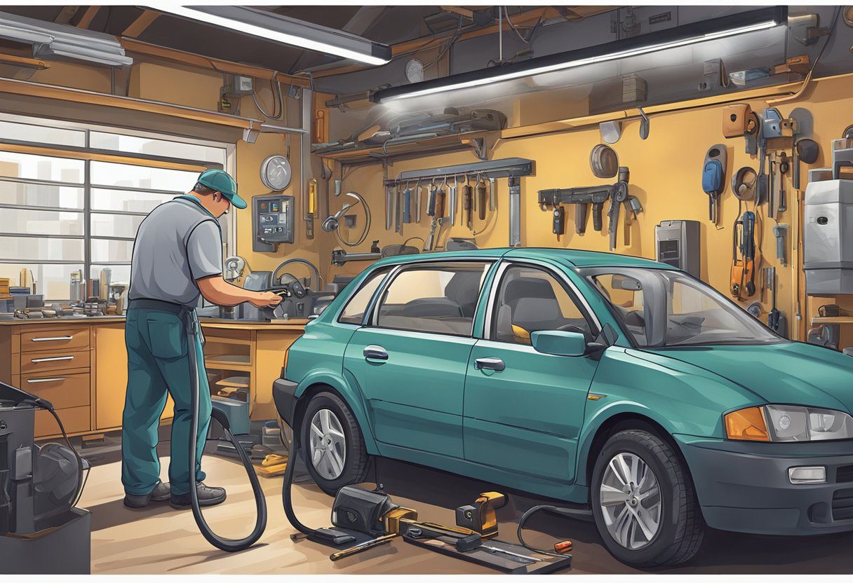 A locksmith re-programs a car key in a workshop