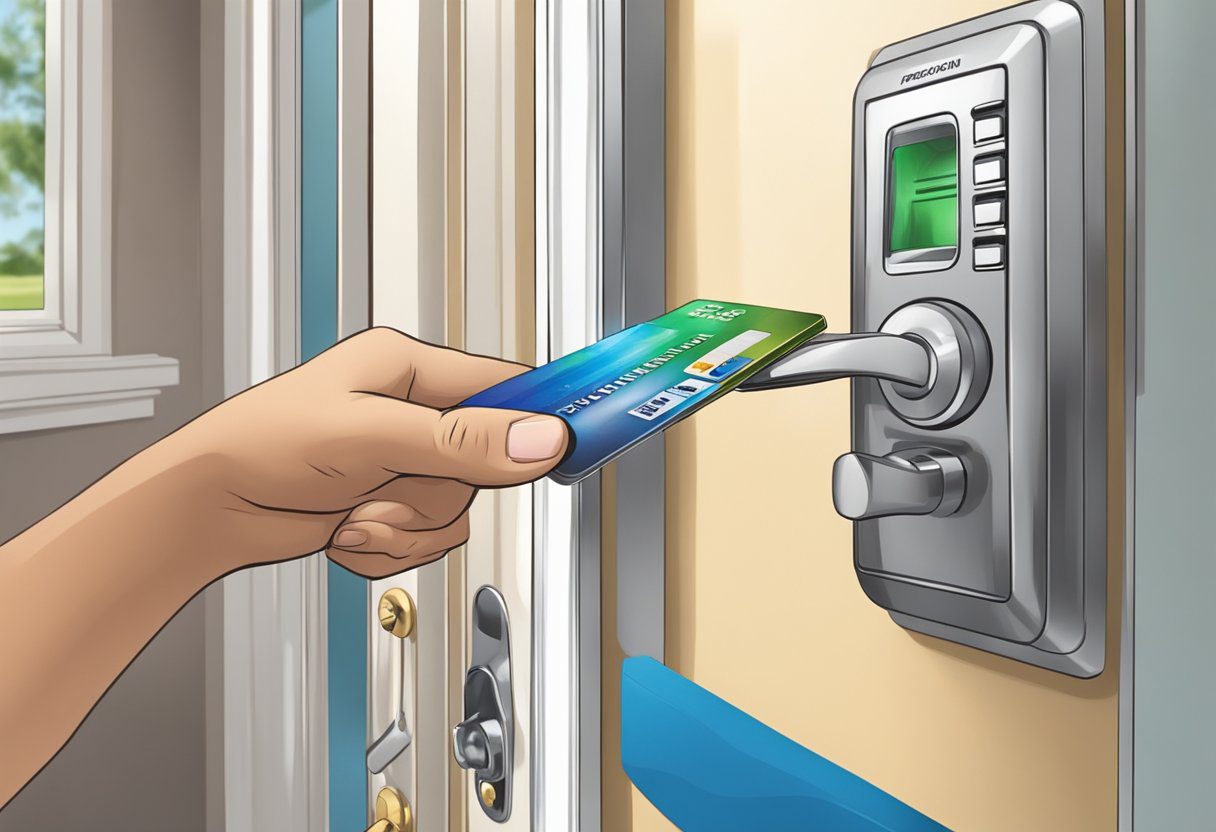 A customer swiping a credit card to pay for emergency locksmith services at a residential door in Milton, FL