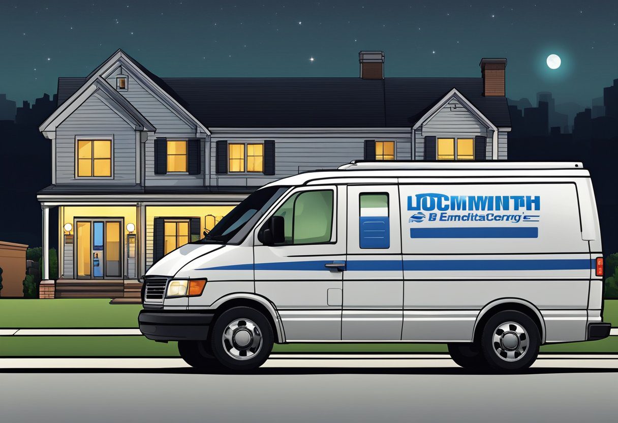 A locksmith van parked outside a residential home at night, with a commercial building in the background. The van's emergency lights are flashing, indicating a locksmith is on call for both residential and commercial services