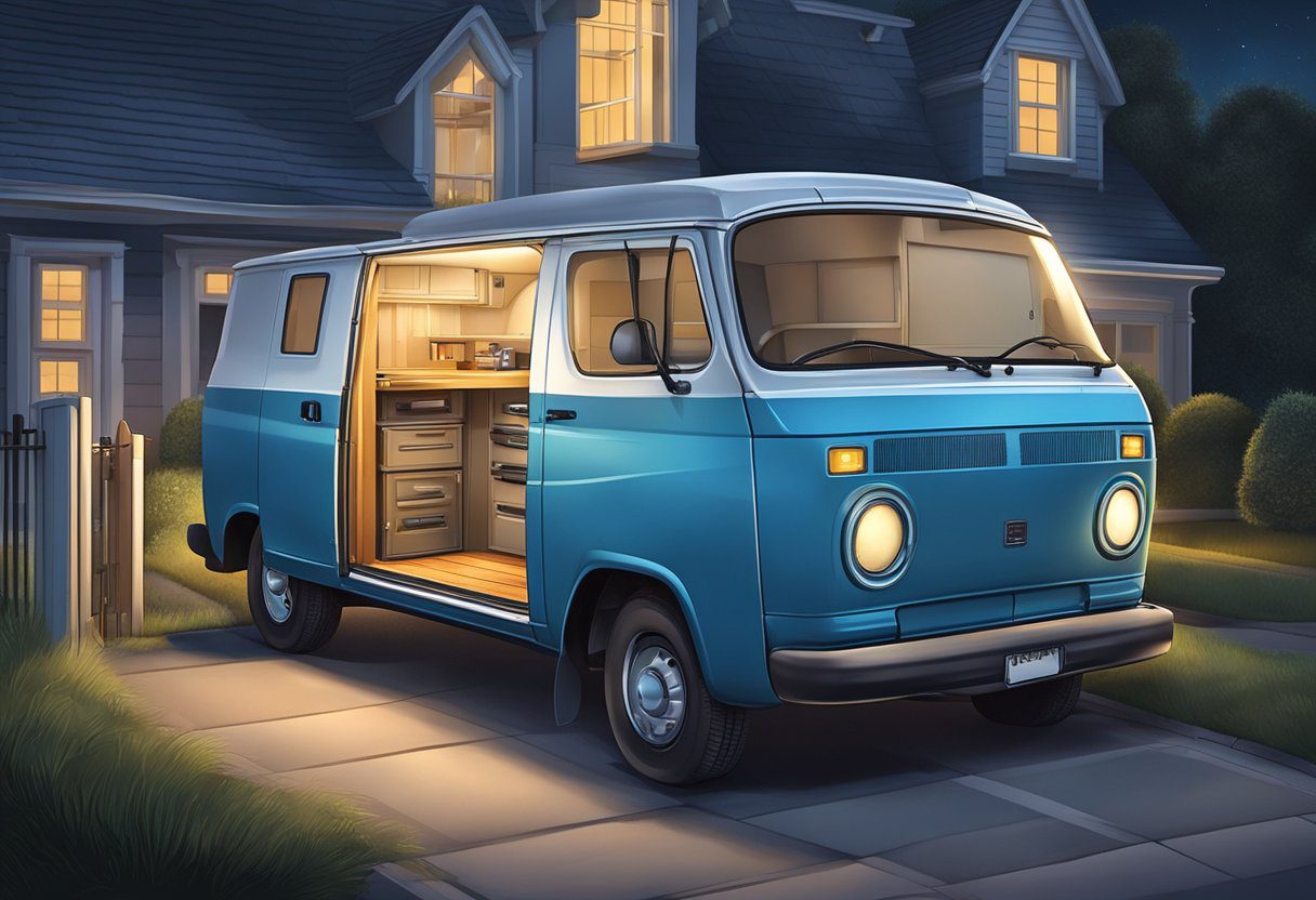 A locksmith van parked outside a residential home at night, with the locksmith's tools and equipment neatly organized inside the vehicle