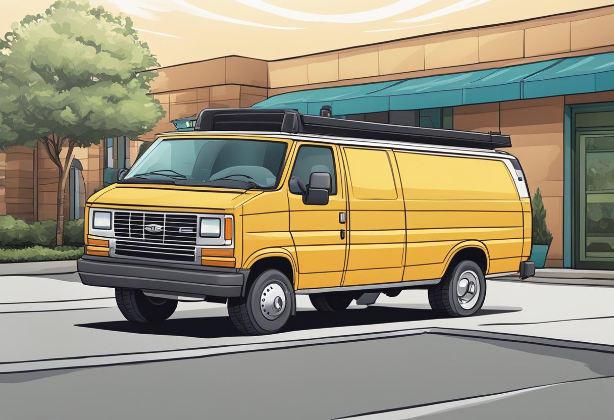 A locksmith's van parked outside a commercial building in Milton, FL. The locksmith is using specialized tools to unlock the door