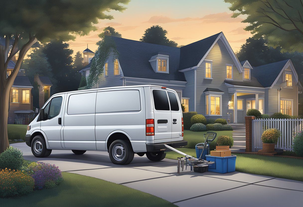 A locksmith's van parked outside a suburban home at dusk, with tools and equipment being unloaded onto the driveway