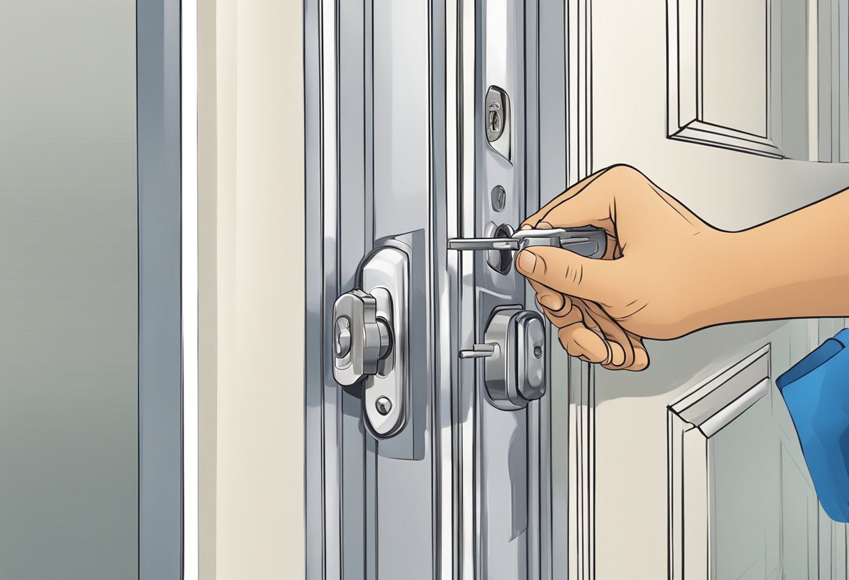 A locksmith installs new security locks on a front door in a suburban home in Milton, FL